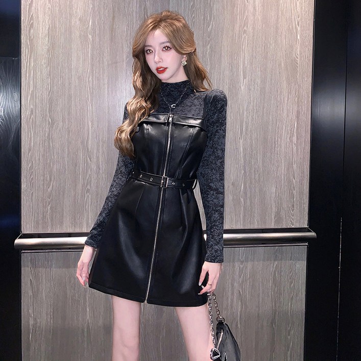 가죽 원피스 미니 나시 끈 PU 레더 뷔스티에