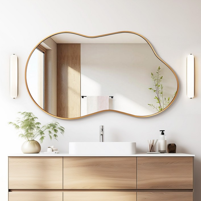 Fahomiss 깨지지않는 벽걸이 거울 인테리어 벽거울 욕실 안전거울 고급 인테리어 벽거울, 골드