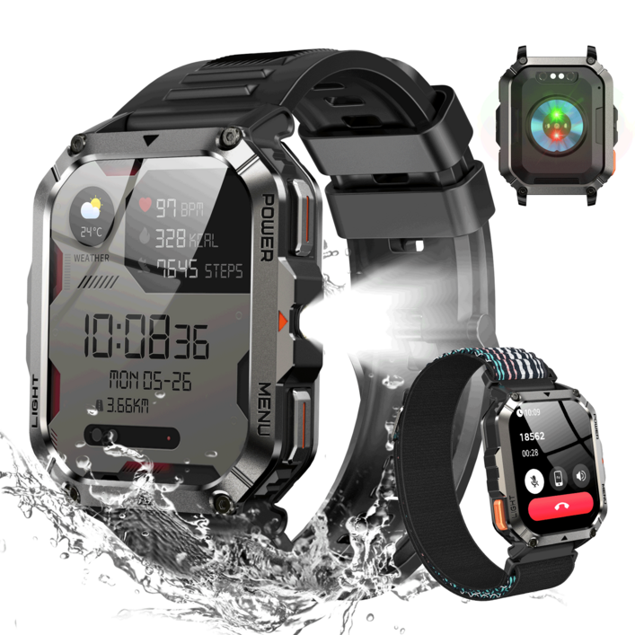 IOWODO W70 Pro 아웃도어 스마트워치 2.01인치 대형 화면 방수 먼지충격 방지 나침반 손전등 기능, 블루투스, 4.1cm, 검은색