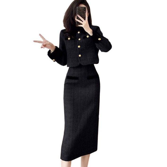 LY7SM 여성용 트위드 카라 크롭자켓H라인롱스커트 투피스 여자 오피스 정장자켓 스커트 세트