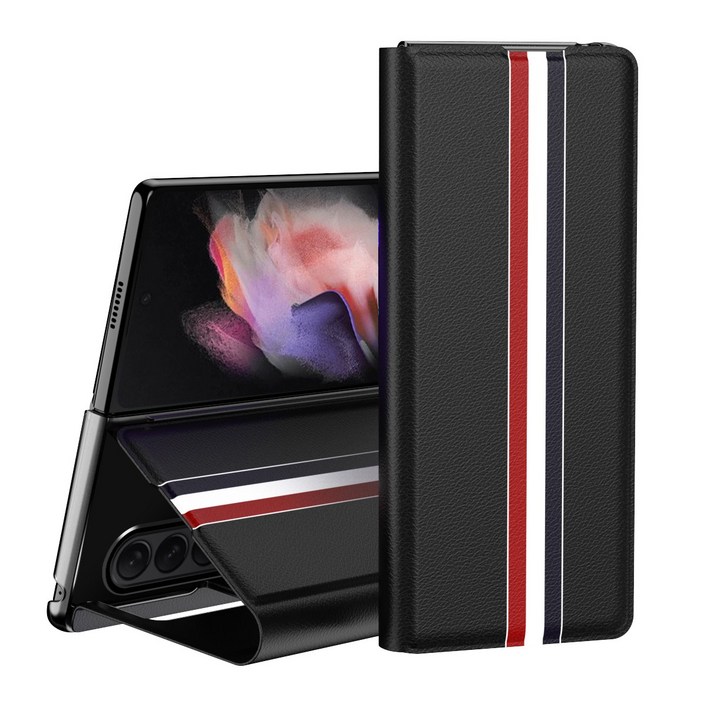 삼성 갤럭시 Z 폴드4 삼색줄무늬 거치대 가죽 지갑 케이스 SAMSUNG Galaxy Z Fold 4 적용 케이스