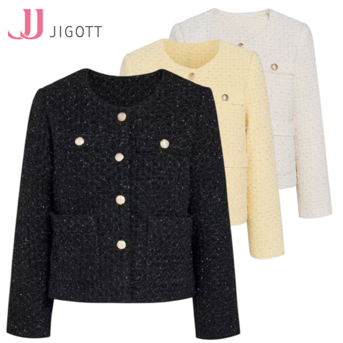 백화점발송 JJ지고트 여성 트위드 자켓 봄 간절기 은사 프린지 골드버튼
