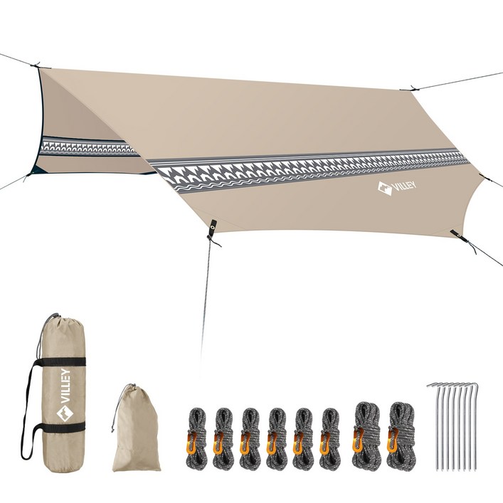 VILLEY 팔각형 다용도 방수 자와선 차단 캠핑 타프 24인용, 카키