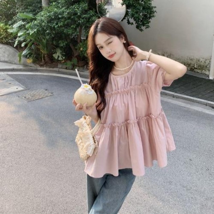 유니픽여성 여름 면 러플 반팔 블라우스 캐주얼 플레어 디자인cjg