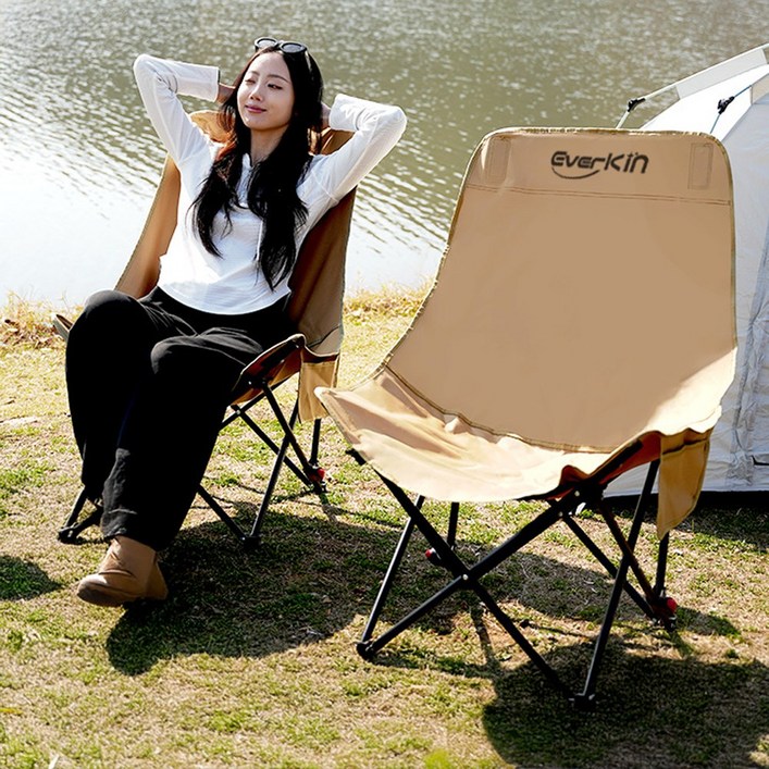 에버킨 3단 각도조절 경량 접이식 캠핑의자, 1개, 베이지 단품