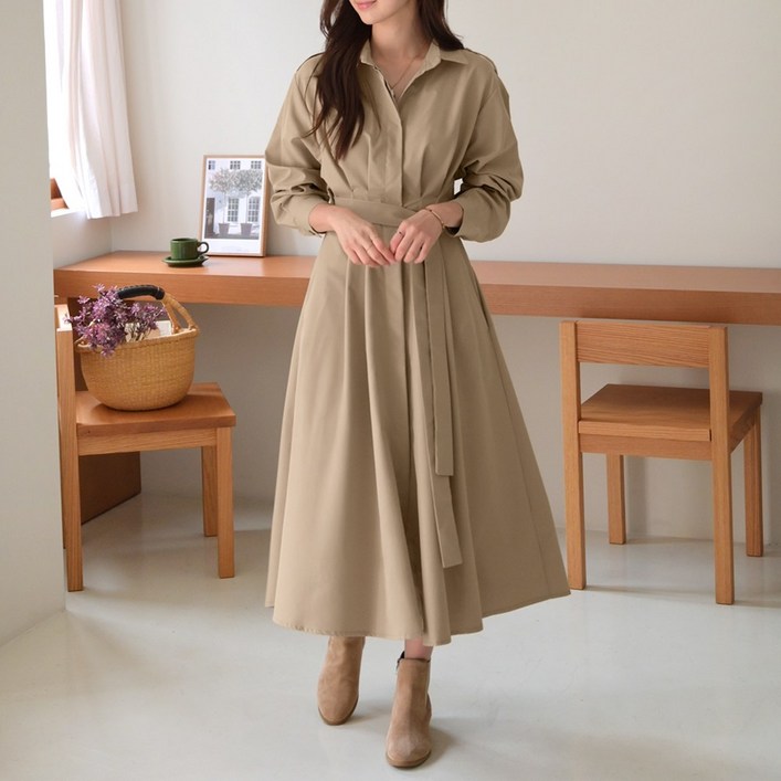 데일리앤 바이닌 트렌치 셔츠 롱 원피스 핀턱 플레어 가을 하객룩 격식룩