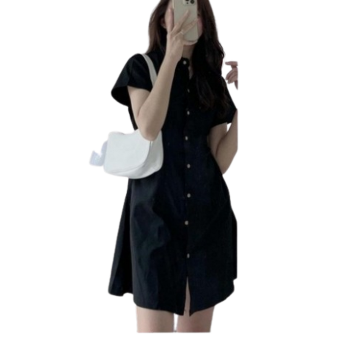cosmag 여성 반팔 핀턱 카라 셔츠 반팔 원피스 데일리 심플 슬림라인 원피스