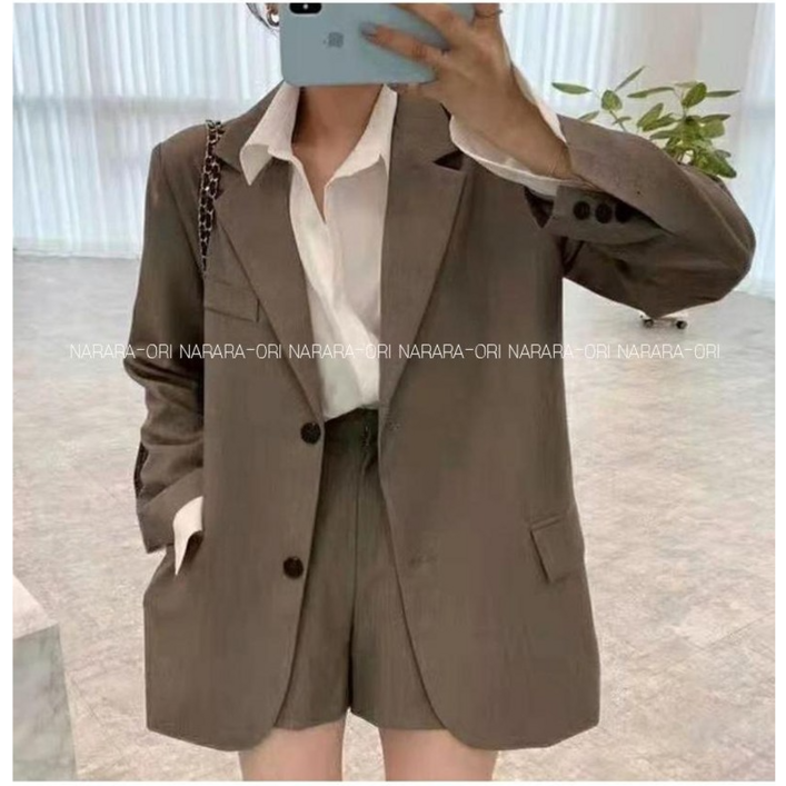 여성 간절기 트임자켓 밴딩반바지 심플 정장 투피스 세트