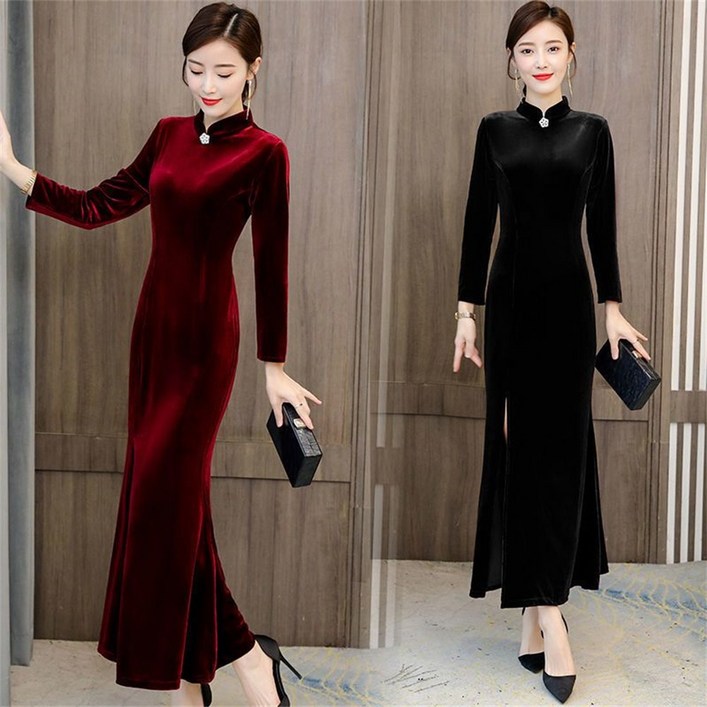 TKX 벨벳 롱 원피스 여성 빅사이즈 데일리 우아한 스판 단정한 내추럴 편한