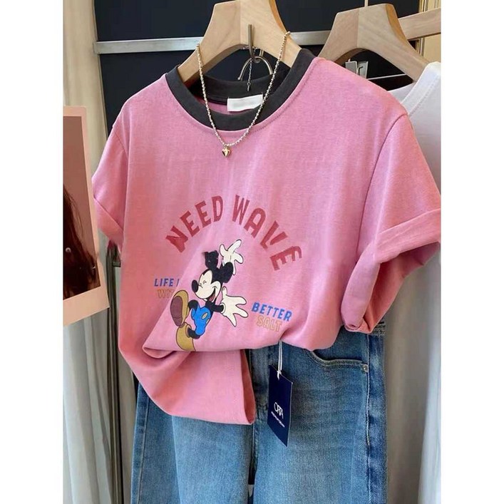 미키 마우스 반팔티 순면 여름 반팔 티셔츠 캐릭터 M 분홍색