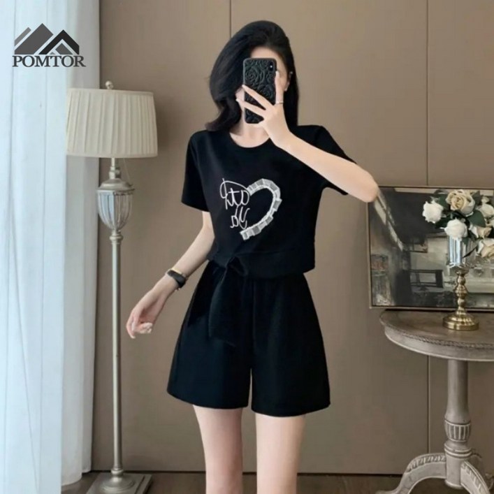 POMTOR 여름 캐주얼 여성 반팔+반바지 투피스 세트