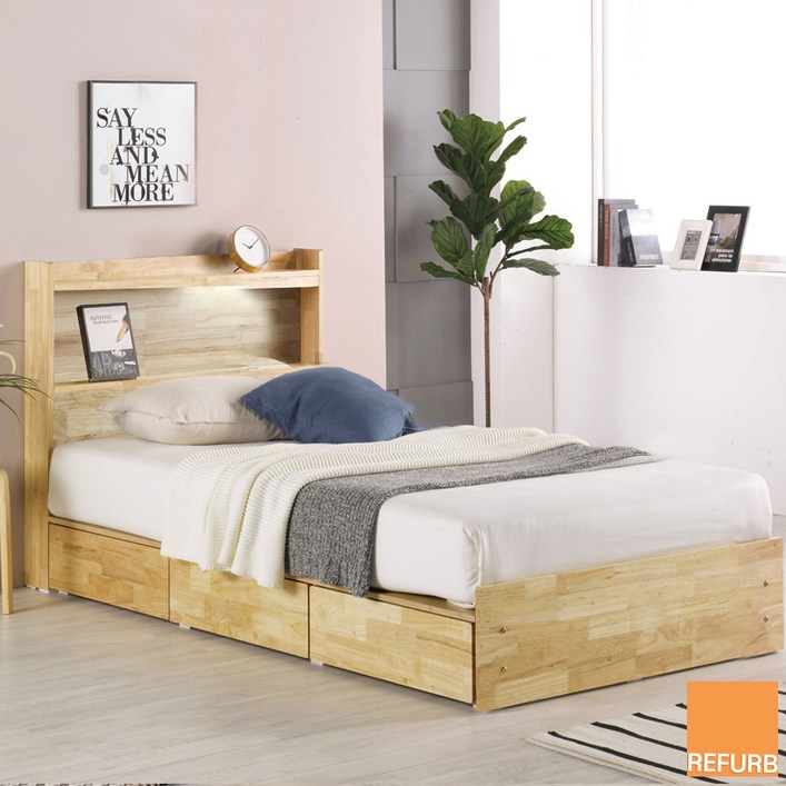 리퍼 원목 필로스 LED조명 침대프레임 수납 서랍형 침대 SS,Q,K, 내추럴