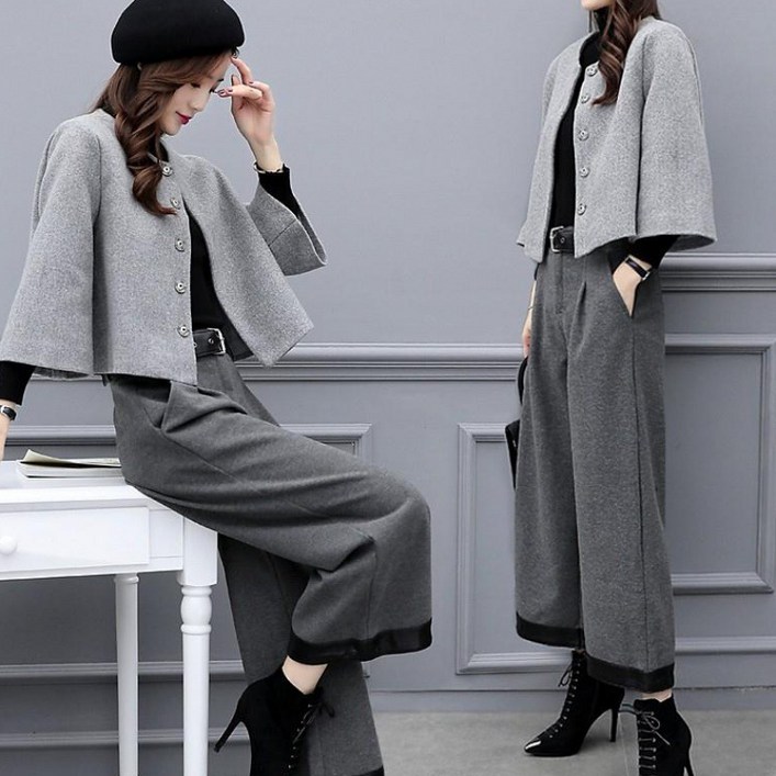 SAHINER 가을겨울 여성 크롭자켓 와이드팬츠 투피스 세트 오피스룩 BTZ09