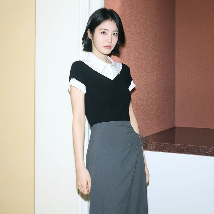 백화점 정품 잇미샤 26 SS 레이어드 카라 셔츠 니트탑 ITQ5ZPO850