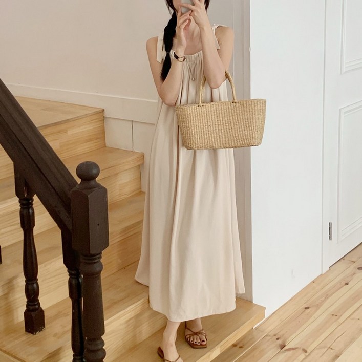 여성 러블리 리본 스트랩 타이 롱 원피스 휴양지 바캉스 해외여행 드레스