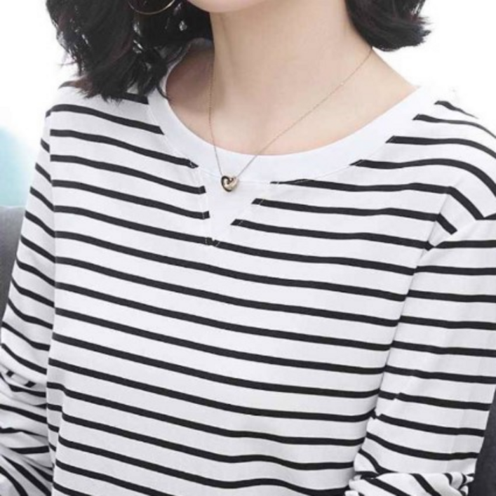 로루아 빅사이즈 여성 스트라이프 심플 라운드 맨투맨 긴팔 티셔츠