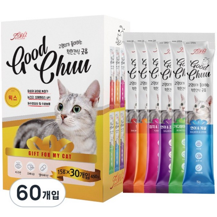 굿츄 고양이 짜먹는 고양이 간식, 60개, 15g, 믹스 굿츄 고양이 짜먹는 고양이 간식, 60개, 15g, 믹스