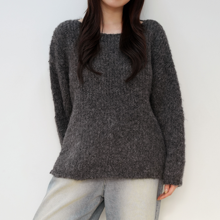 디바이브 여성 옆트임 알파카 포근한 라운드넥 오버핏 보트넥 모헤어 데일리 스웨터 니트
