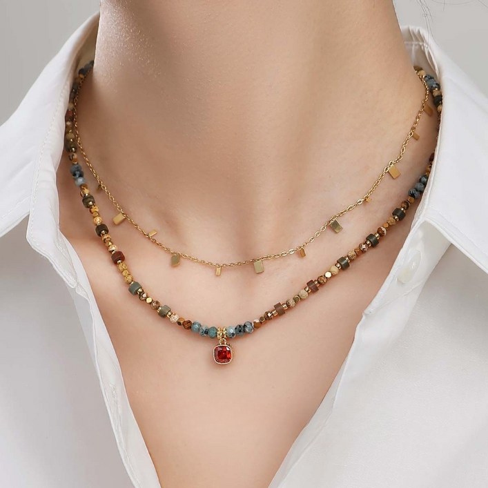 보헤미안 스타일 레드 큐브 펜던트  도파민 컬러 천연석 타이거아이 레이어드 목걸이 세트,분리 착용 가능