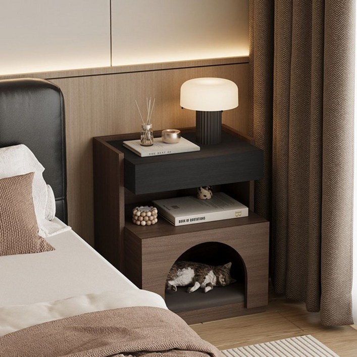 이탈리아식 순목 캣하우스 침대옆탁자 인펫공용가구 2단 서랍 50cm 완성품, 1개, 블랙 오크 무늬  호두나무 무늬