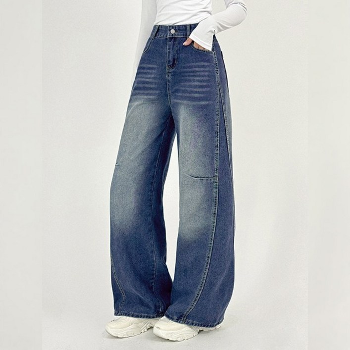 바이일이오 여성 유니크 절개 와이드 루즈핏 데님 팬츠