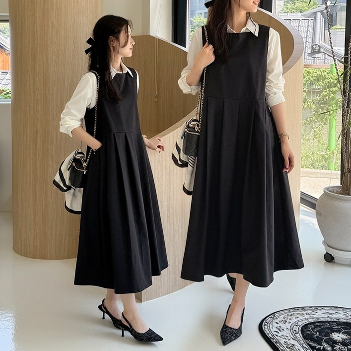 데일리앤 글로렌 가을 뷔스티에 플레어 루즈핏 롱 원피스 지퍼 레이어드 스퀘어넥 간절기 하객룩 데이트룩