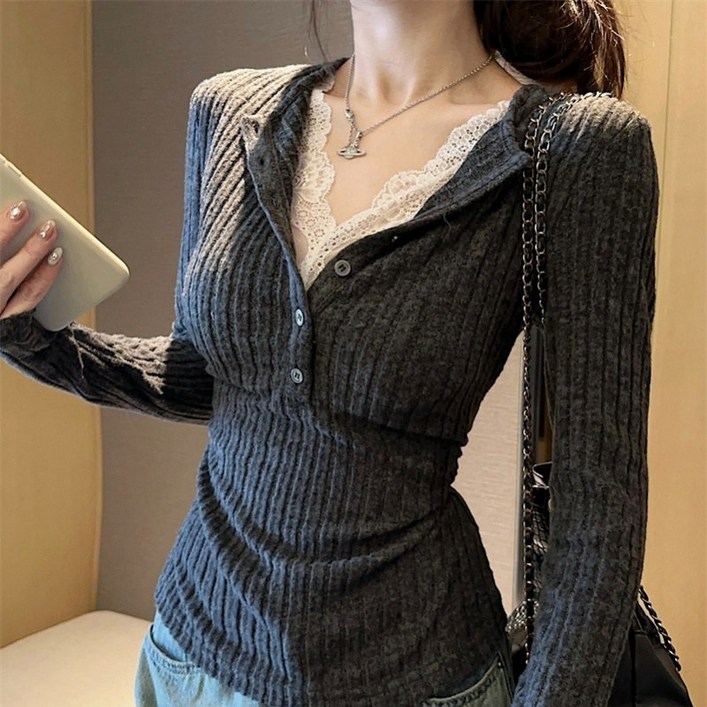 COSYEVNO 여성 니트 가을슬림핏으로 스타일리쉬하게 매치할 수 있는 레이스 넥라인 편안한 통근 톱 lfhzzs-4