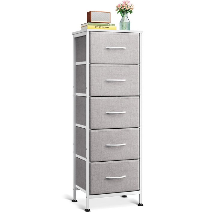 AODK 다용도 패브릭 서랍장 서랍장 수납장 수납 천으로 만든, 5단, 화이트