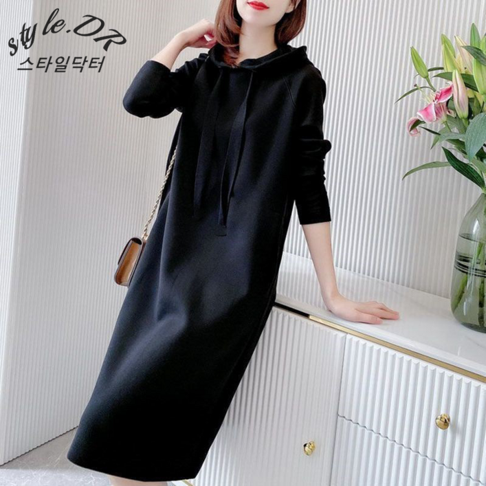 스타일닥터 여성 후드 봄가을 후드 맨투맨 빅사이즈  롱 원피스 긴팔 캐주얼 패션 데일리