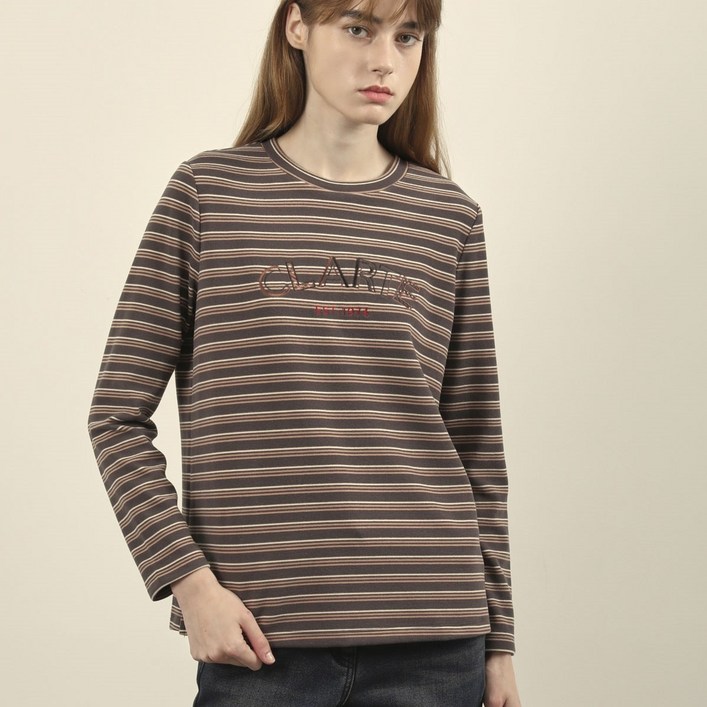 올리비아로렌 여성용 스트라이프 자수베이직 탑 티셔츠 VVBAL4W9281