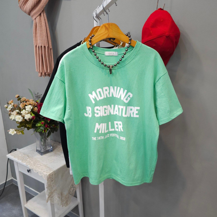 여성용 밀르 레터링 라운드넥 면100% 기본핏 반팔티