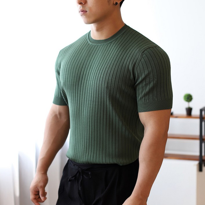 상의 남자 머슬핏 반팔 골지 라운드넥 봄 여름 반팔 니트 티셔츠