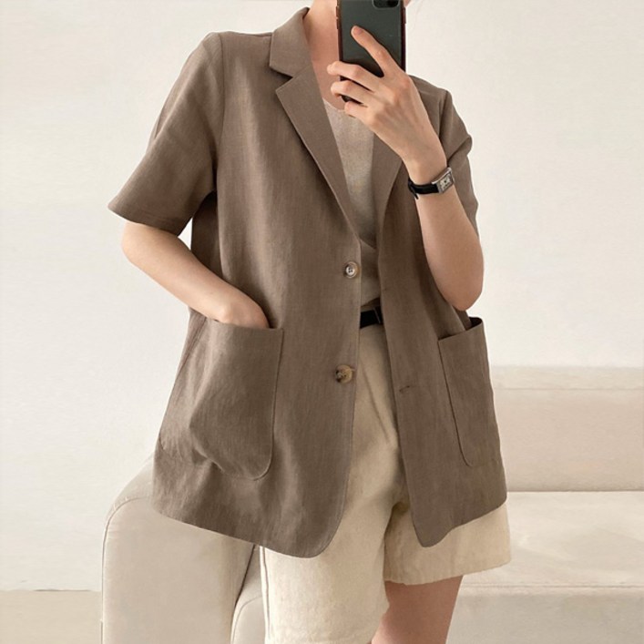 마이쏭 여성 루즈핏 여름자켓 정장 하프 카라자켓 마네린넨반팔자켓