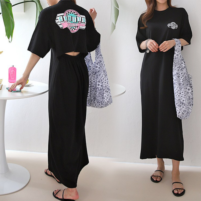 NewCare 여성 롱원피스 뒷트임 여름 반팔 원피스 반전 백트임 허리트임