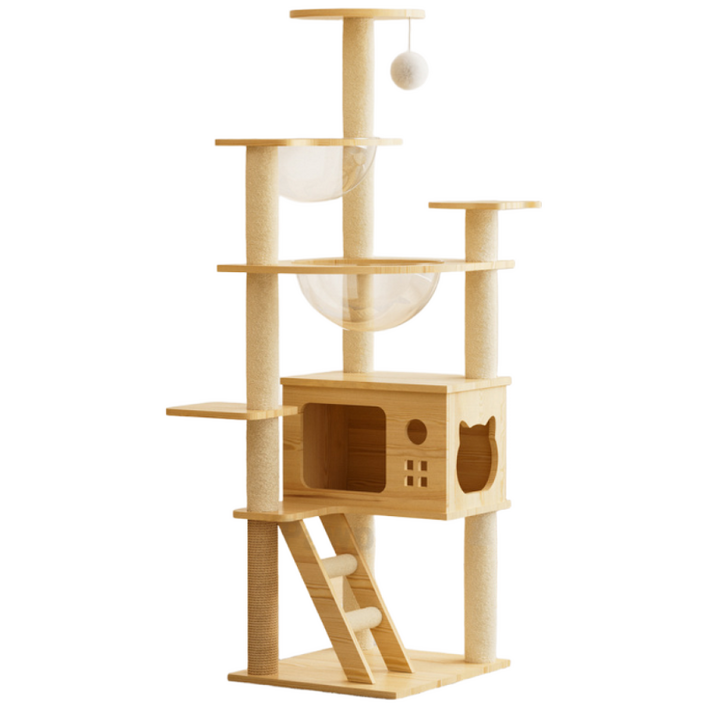 Pawprint 나무 캣타워 우드톤 투명아크릴 우주선캡슐 다기능일체형 넓은고양이굴 견고무흔들 설치간편 소형주택 거실 고양이놀이구역 다묘가정 초보집사 소형고양이용