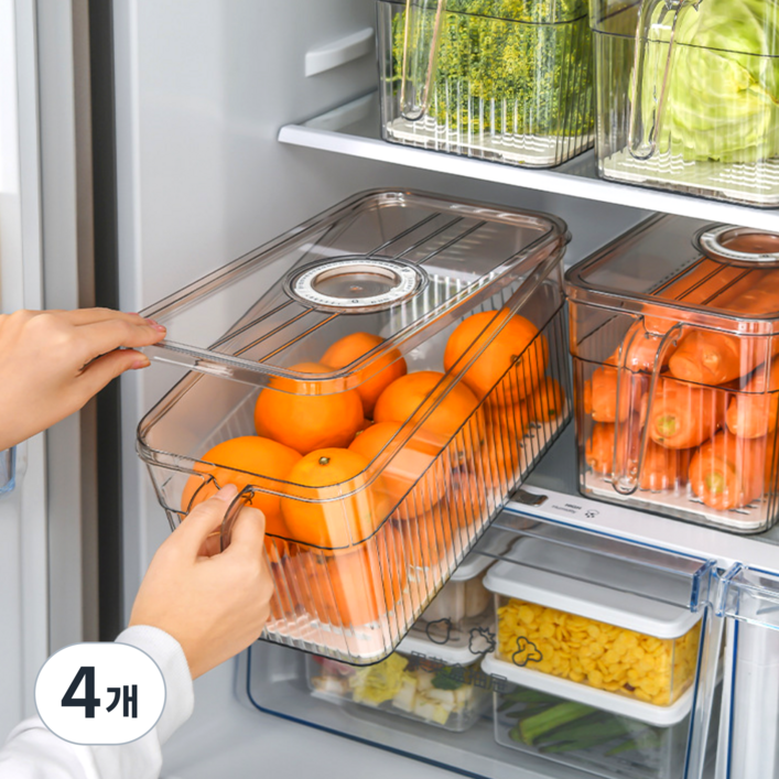 하이호프 넣은 날짜 확인하는 손잡이 냉장고 정리함, 4개, 투명