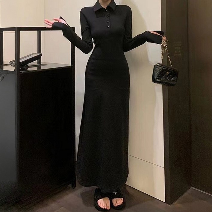 시크힐즈 버튼 카라넥 절개 슬리브 슬림 롱 원피스 06466