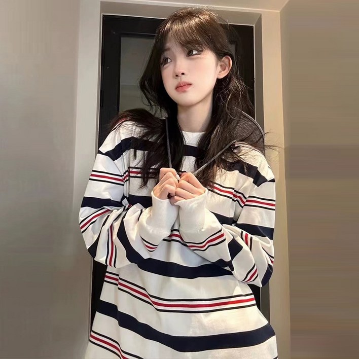 디멜디 여성용 캐주얼 스트라이프 루즈핏 긴팔 티셔츠