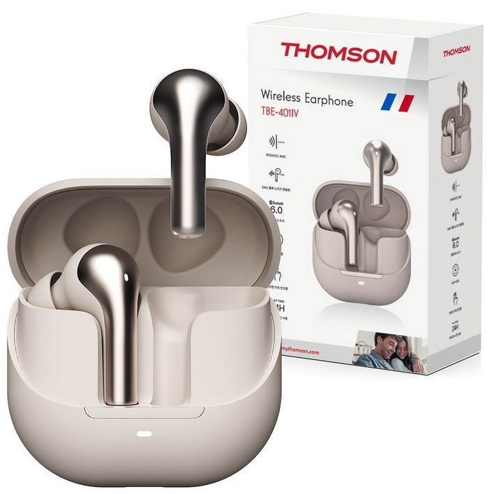 프랑스 톰슨 하이브리드 ANC 38dB 노이즈캔슬링 블루투스 6.0 무선 이어폰, 아이보리