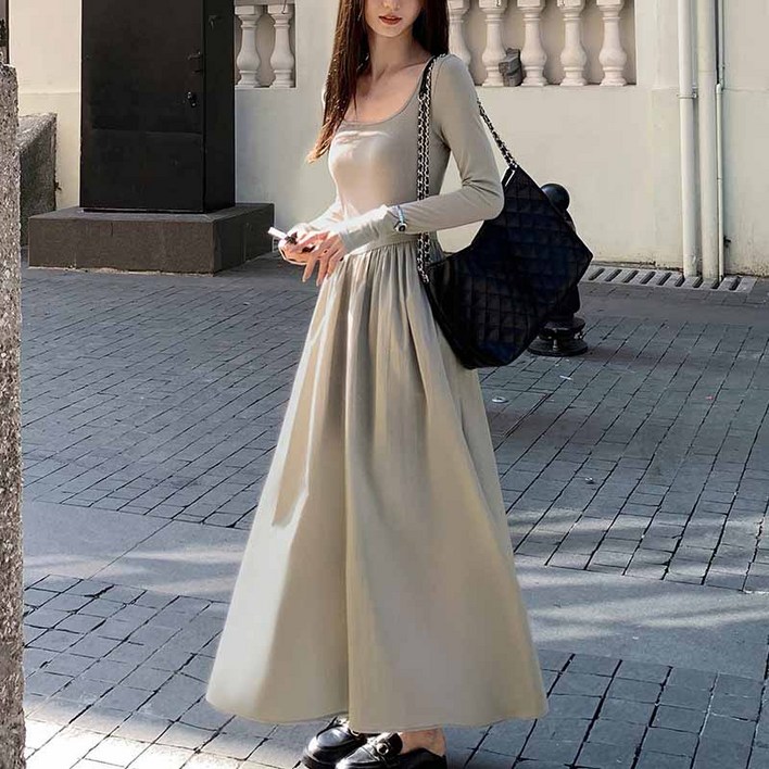 AOKADA 여성 스퀘어넥 봄 가을 긴팔 슬림 A라인 오피스룩 하객룩 롱 원피스