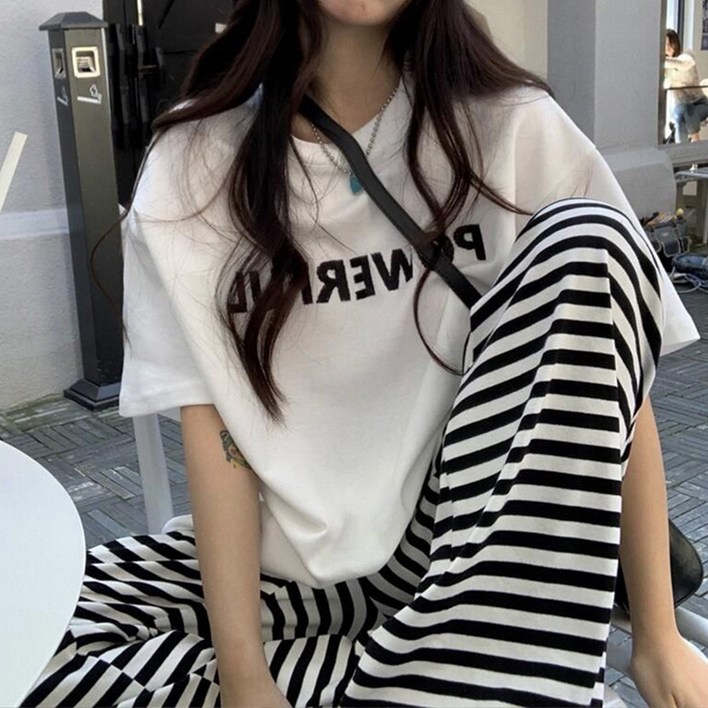 세인트이브 E5019 박시티 단가라 밴딩 와이드팬츠 상하 세트