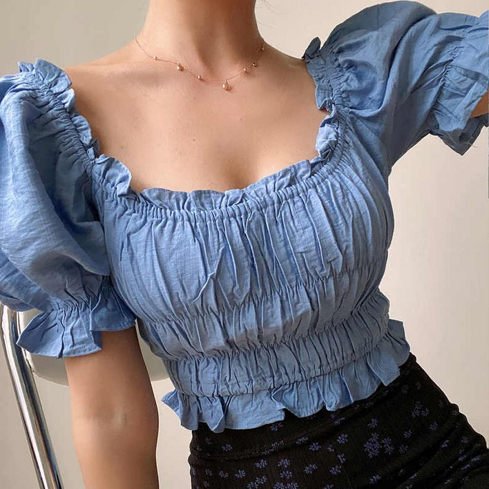 레이스 프릴 펀칭블라우스 리본 스퀘어넥