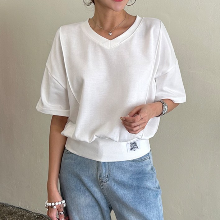 마이쏭 디자인패치브이넥맨투맨 여성 반팔