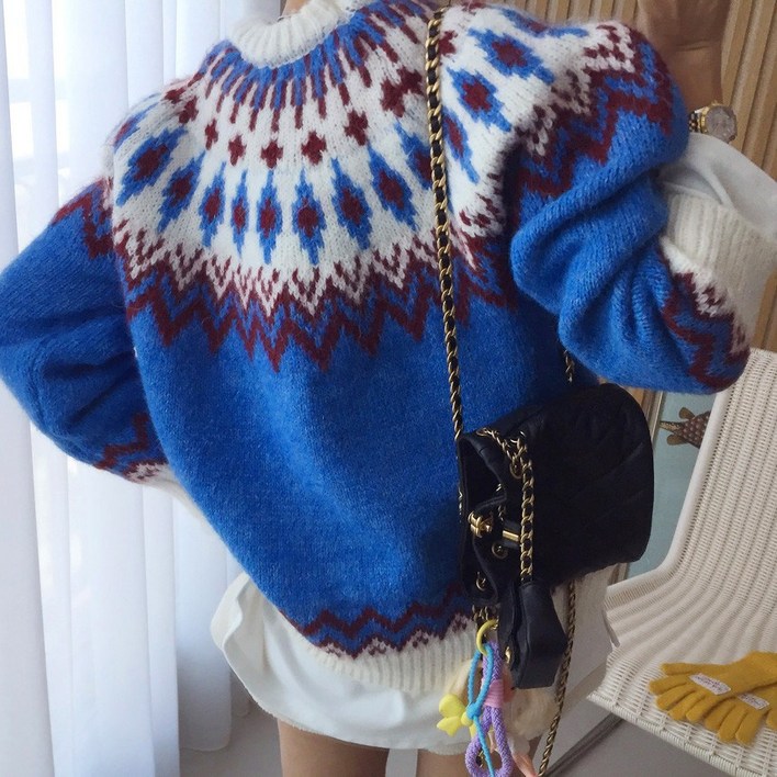 당일발송 아이미마인 노엘 라운드 배색 노르딕 패턴 루즈핏 도톰 모헤어 울니트 2color