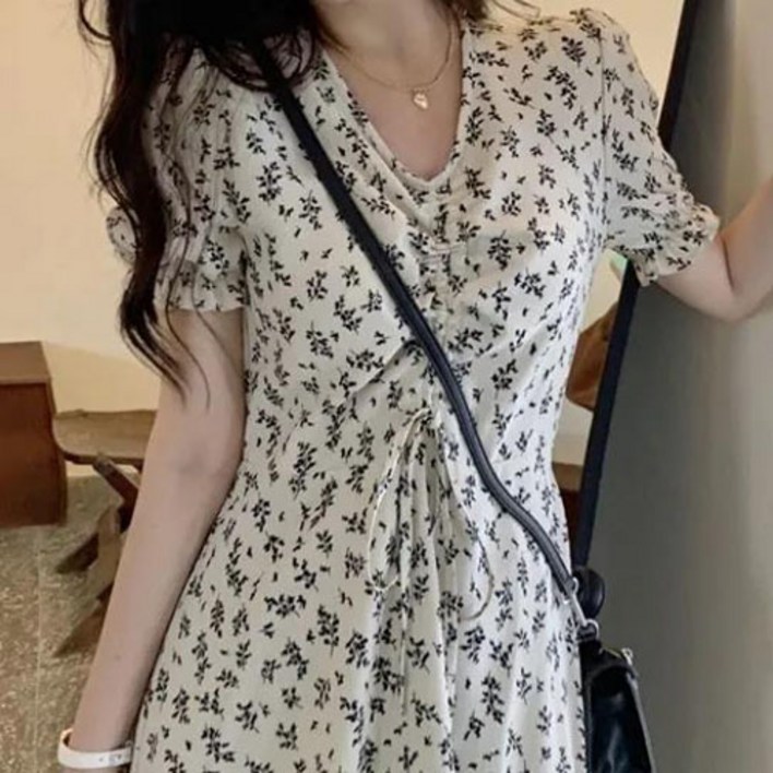 여성 여름 여리여리 원피스 플라워 패턴 슬림핏 꽃무늬 반팔 원피스