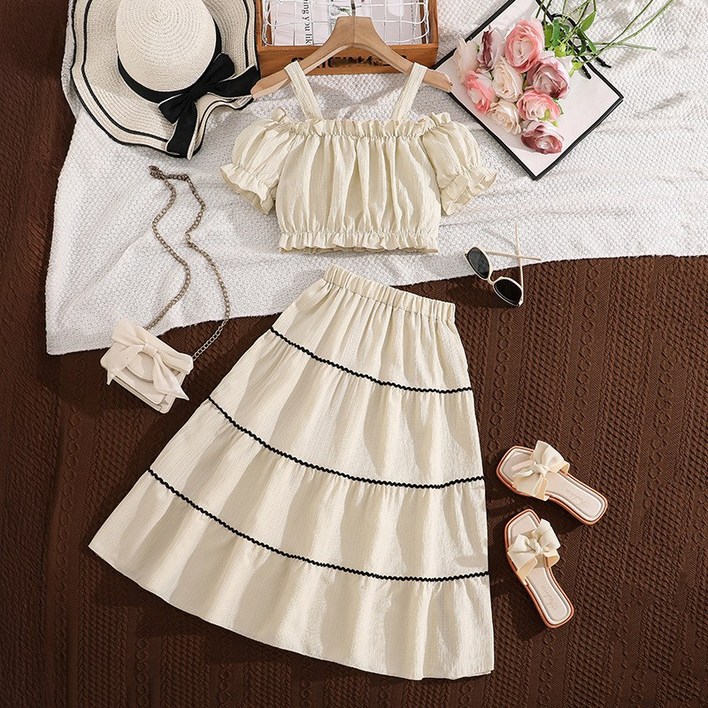 Toruva어린이 여름 오프숄더 스커트 세트 상큼하고 귀여운 레이어드 디자인14세 이상