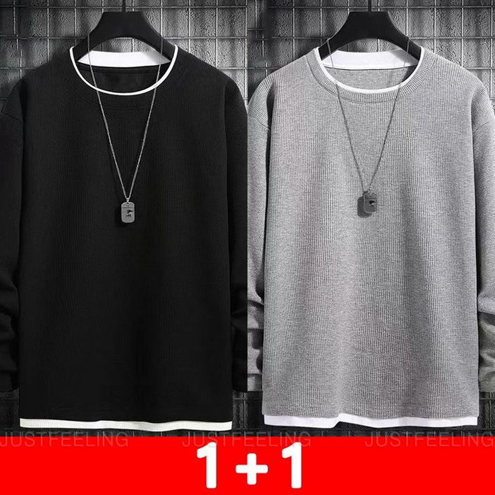 JUSTFEELING 1+1 남성 맨투맨 티셔츠 빅사이즈 레이어드핏 캐주얼 아우터 코트 와이드 티 빅사이즈 긴팔티셔츠 솔리드 티 D10U