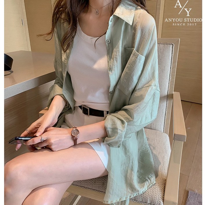 ANYOU 브이넥 여름 데일리 기본 가디건 셔츠 여성 긴팔 루즈핏