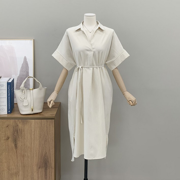 행복여 마레 루즈핏 끈세트 오픈 셔츠 카라 원피스