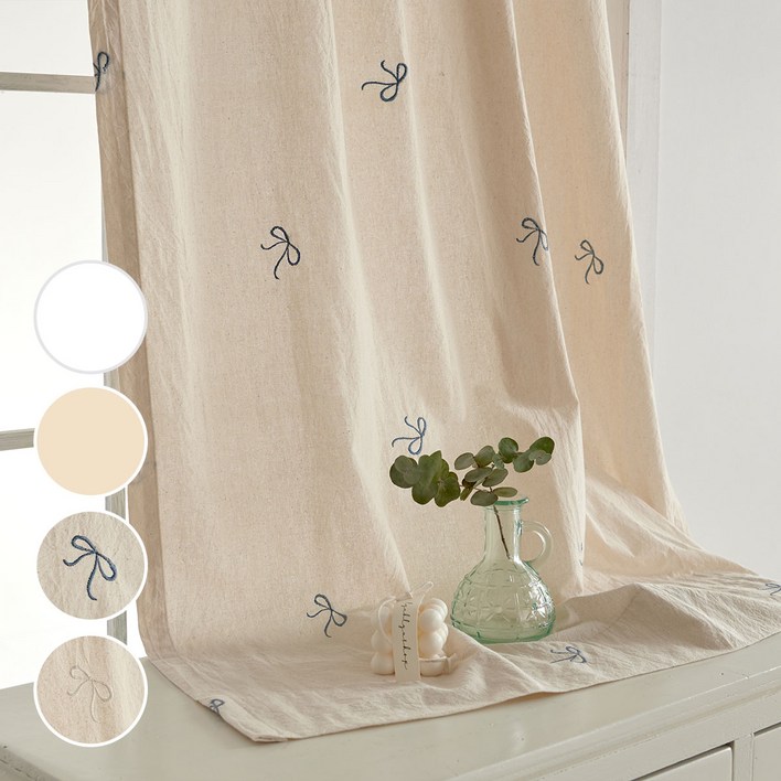 워싱 광목 리본자수 봉집형 가리개 커튼